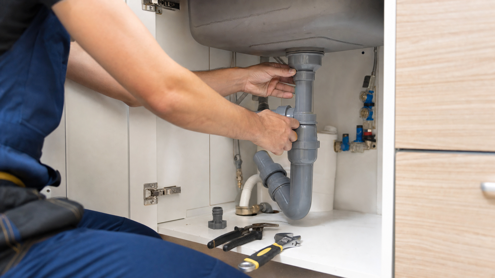 Maintenance worker fixing a leaky pipe in a Texas apartment