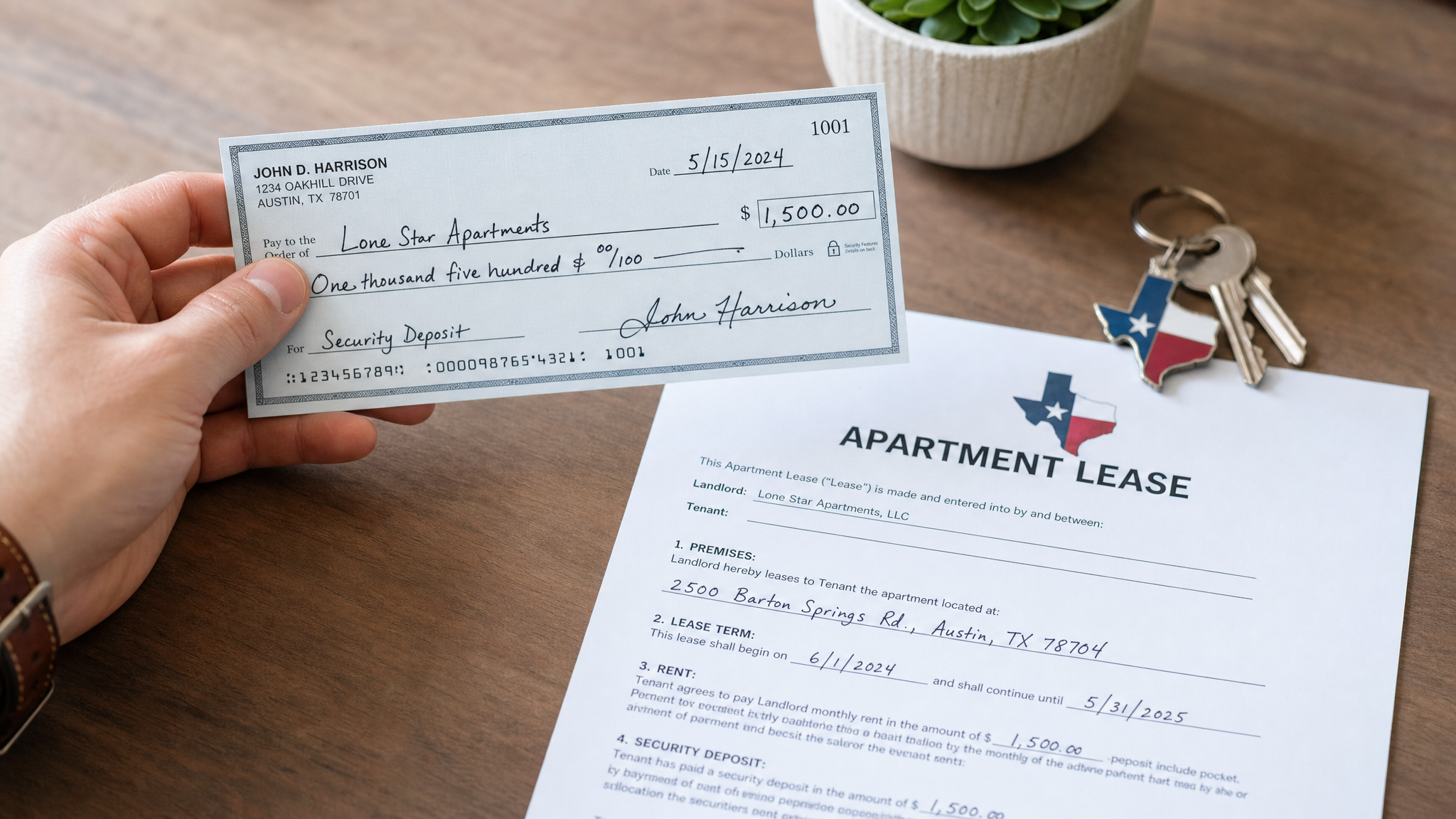 Security deposit check and Texas apartment lease document
